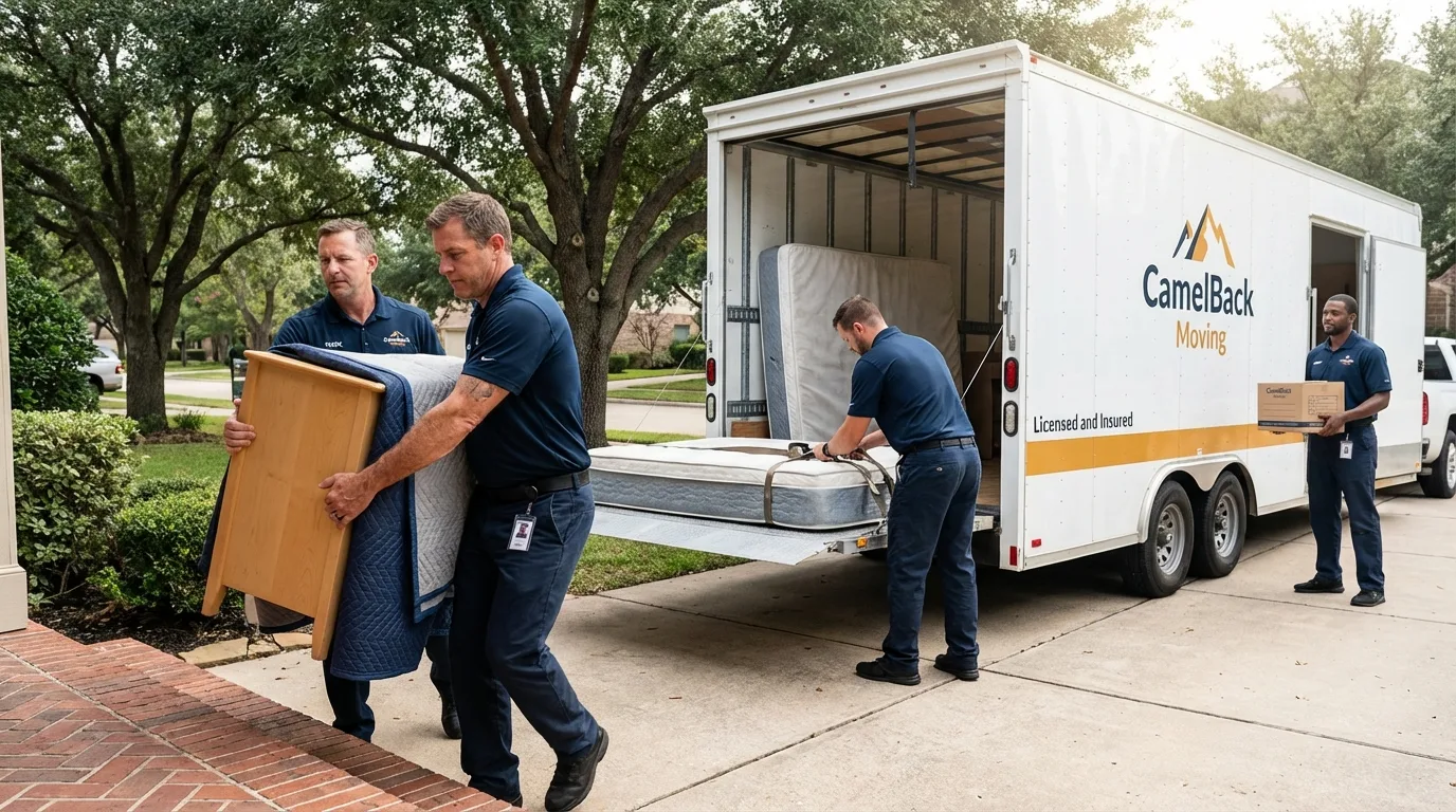 Crew loading residential truck for cross-state move from Garden Grove, CA