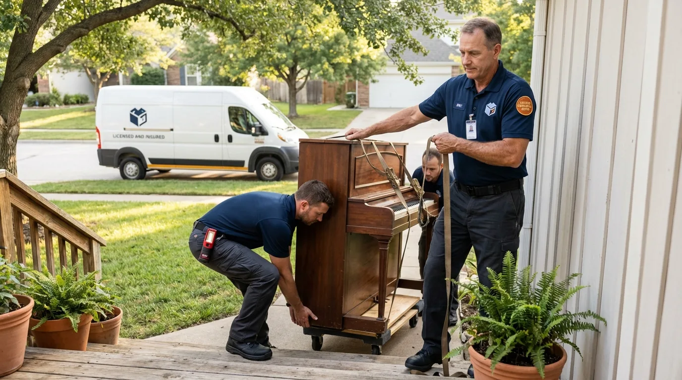 Licensed piano movers securing grand piano in Garden Grove, CA