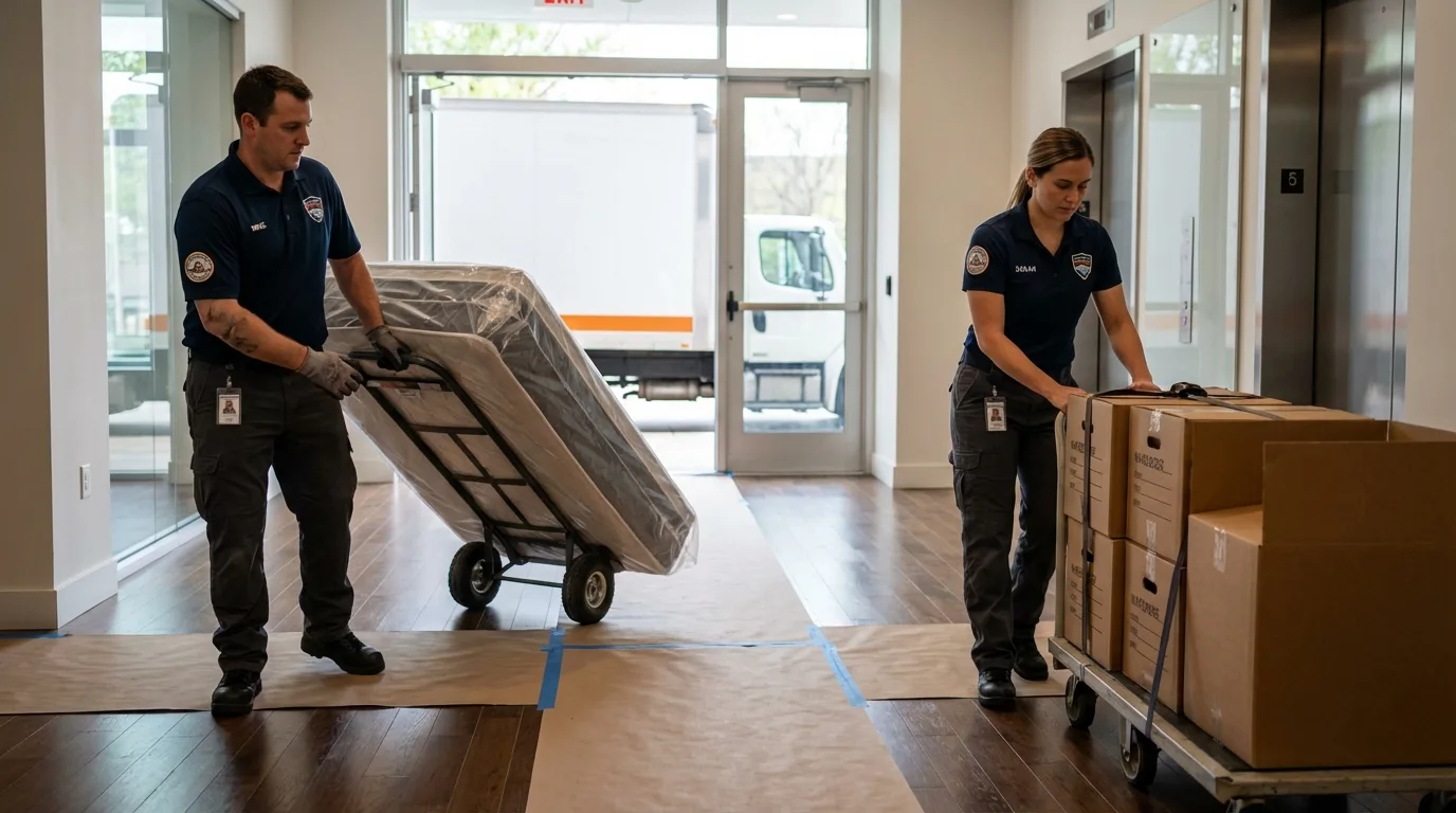 Professional apartment movers loading elevator in Garden Grove, CA